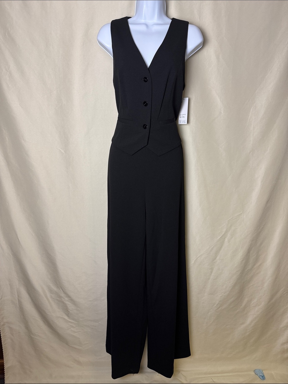 DKNY Black Sleeveless Vest-Front Wide-Leg Jumpsuit